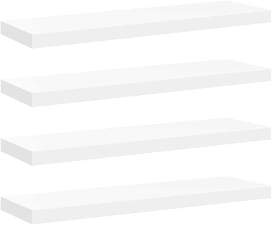 Set of 4 White Floating Wall Shelves, Honeycomb MDF and Metal Frame, 31.5x9.3x1.5 Inches, Modern Invisible Mounting System for Living Room Bedroom Office Storage and Display