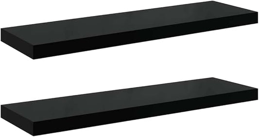 Modern Floating Wall Shelf Set of 2, High Gloss Black Honeycomb MDF with Metal Brackets for Home Storage and Display, Sleek Minimalist Design for Living Room Office Decor,