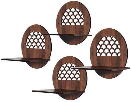 Round Decorative Wall Mounted Floating Shelves, Wooden Scalloped Design, Set of 4, Brown
