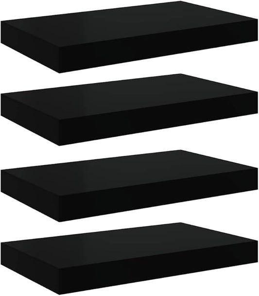 Set of 4 High Gloss Black Honeycomb MDF Floating Wall Shelves Modern Display Storage for Home Office Decor
