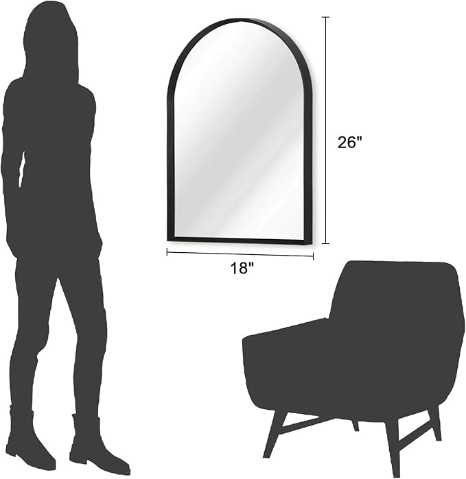 Arched Wall Mirror, 26"x18" Black Arch Mirror, Metal Frame Black Bathroom Mirror, Arched Vanity Mirror for Living Room Bedroom Mantel Entryway