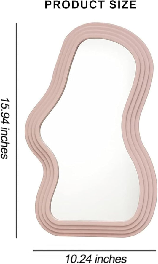 Mokoze Asymmetrical Wall-Mounted Mirror, Creative Unique Decorative Mirrors, Funky Wavy Mirror 15.94"x10.24" Irregular Border Pink Mirror for Bathroom Living Room Decoration
