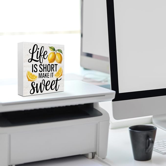 Inspirational Quote Life is Short Make it Sweet Wood Box Sign, Rustic Lemon Print Accessories Wood Plaque, Woods Table Decorative Signs for Office Home Tabletop Shelf, Farmhouse Gifts for Women Family
