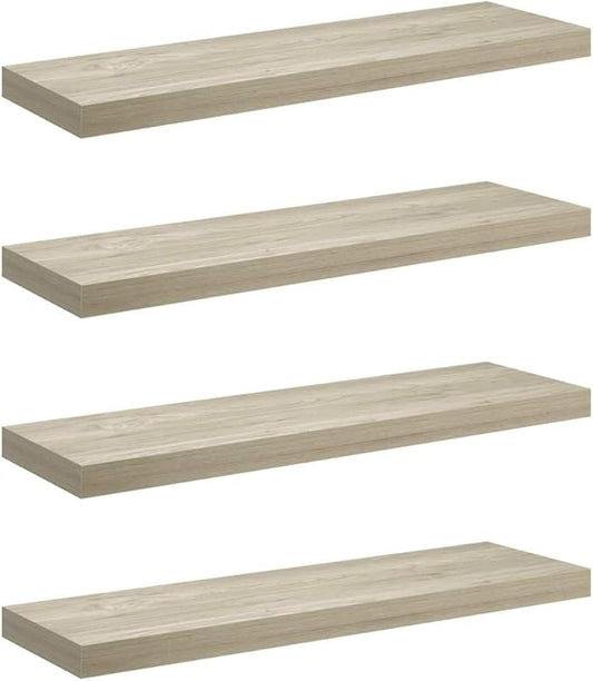 Set of 4 Oak Floating Wall Shelves, Modern Minimalist Honeycomb MDF and Metal Design for Home Storage and Display, 31.5" Long, 9.3" Wide, 22 lbs Capacity Each, Secure