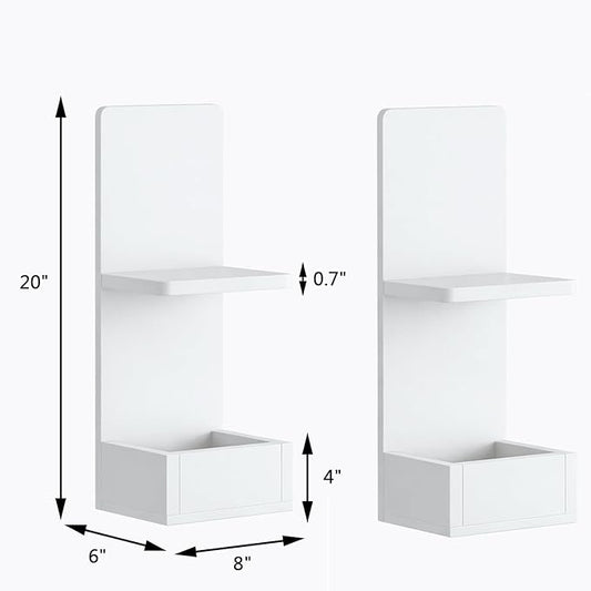 2-Tier White Floating Wall Shelf, 20x8x6 Wall-Mounted Wooden Beside Shelf/Nightstand for Home Décor, Plants, Cosmetics, Bathroom, Kitchen, Bedroom Storage (White with Box)