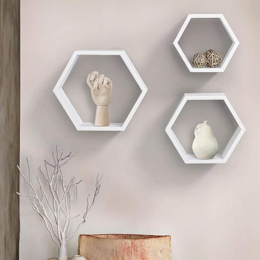 AHDECOR Hexagon Floating Shelves, Set of 3 White Hexagon Wall Shelves | Modern Honeycomb Floating Shelves for Living Room, Bedroom, Office | Hexagonal Wall Organizer Hanging Shelf