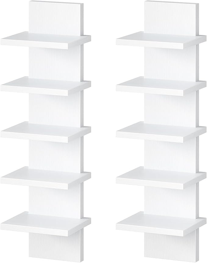 HOOBRO 5 Tier Wall Shelf Unit, 2 Pack Floating Shelves Wall Mounted, Wall Mount Vertical Shelving, Floating Storage Rack, Organizer Tall Tower Design for Livingroom, Bedroom, Kitchen, White WT18BJP201