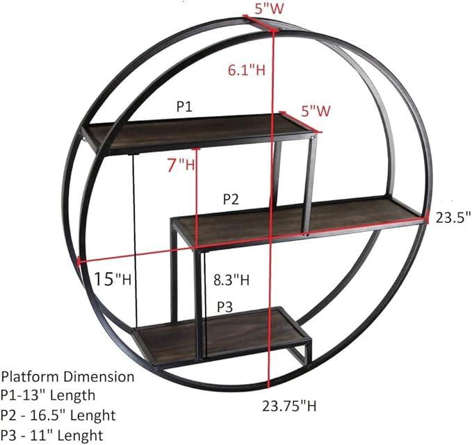 Admired By Nature, 18" Mounted Iron Circle Hanging Storage Shelving Floating Shelf 4 Tier Floating Circular Wall Decor Round Decorative Hanging Shelves, Sphere Shape Wall Shelf For Home, Black, 1 unit