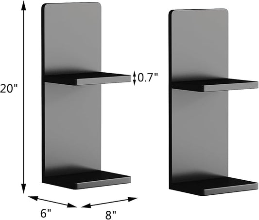 Floating Wall Shelves Set of 2, Black Solid Wood Double Layer Wall Mounted Shelf, 20 x 8 x 6 Inches, Modern Storage for Bedroom, Bathroom, Kitchen, Home Decor, Plants & Cosmetics