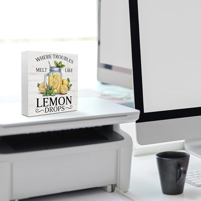 Lemon Themed Gifts Wood Box Sign - Where Troubles Melt Like Lemon Drops, Lemon Rustic Woods Table Decorative Signs for Office Home Lemonade Bar Tabletop Shelf Decoration, Motivational Gifts for Women
