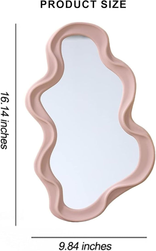 Mokoze Asymmetrical Wall-Mounted Mirror, Creative Unique Decorative Mirrors, Funky Wavy Mirror 16.14"x9.84" Irregular Border Pink Mirror for Bathroom Living Room Decoration