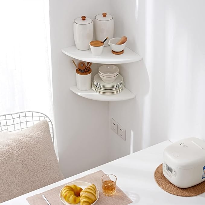 White Corner Shelf, Wall Mount Natural Oak Wood Floating Corner Wall Shelf Round End Small Corner Nightstand Plant Shelf for Bedroom, Kitchen, Living Room 12inch