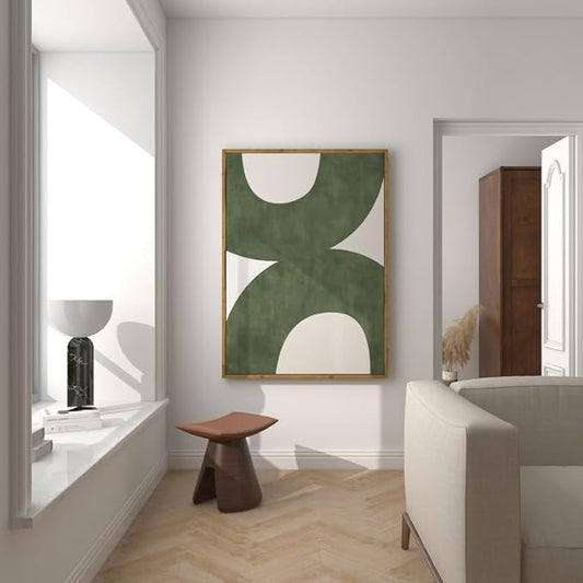 Nationcog Mid-Century Green Organic Lines Art, Modern Minimalist Wall Decor, Bold Beige Tones Contemporary Home Accent, Aesthetic Trendy Design (Unframed) (11x14)