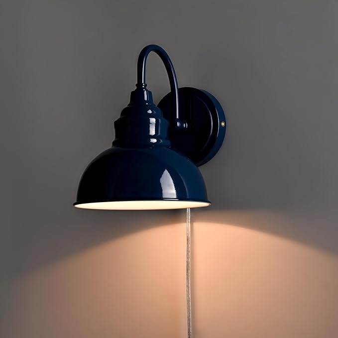 Blue Gooseneck Lighting Fixture with Wall Mount, Plug-in & Hardwire Optional Wall Lamp for Bedroom Coffee Bar