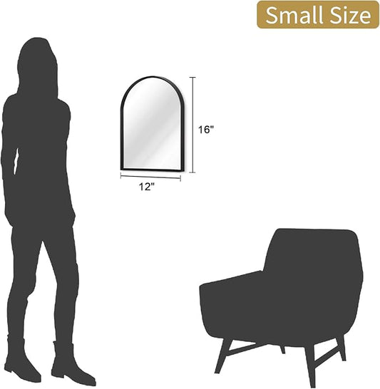 Black Arched Mirror, Modern Bathroom Wall Mirror Aluminum Alloy Framed Mirror Brushed Metal Vanity Wall Mounted Mirror for Livingroom Bedroom Entryway Room 16"x12"