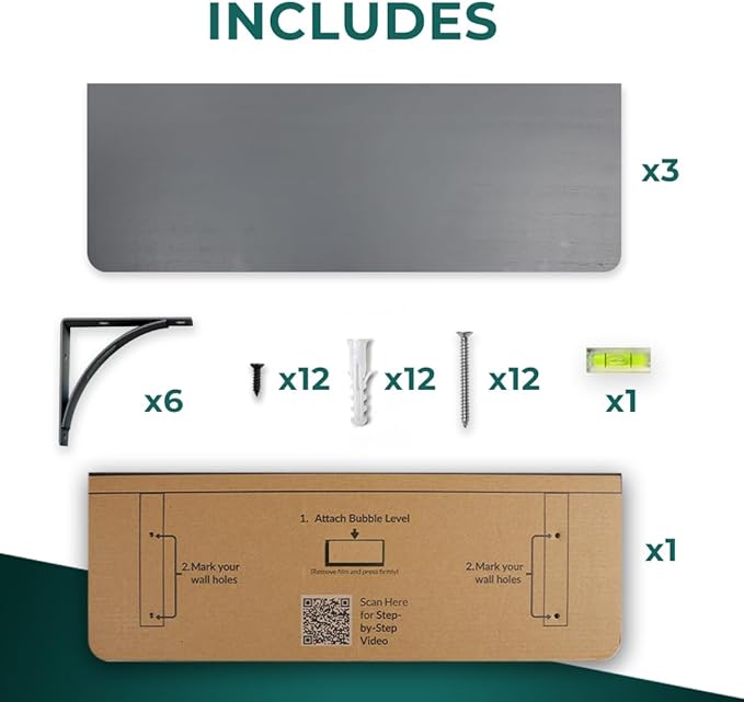 Reinforced Steel Bracket Grey Bathroom Shelves - Easy to Install, Template and Video Included - Gray Shelves for Wall, Grey Shelf