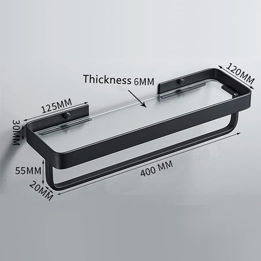 15.7" Bathroom Wall Shelf, Black Shower Caddy Shelves with Tempered Glass, Bathroom Shelves Wall Mounted, Rectangle Glass Shelf for Shower Organization and Storage (1 Tier)