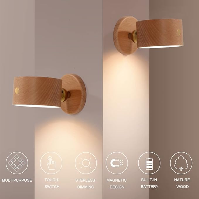 Led Wall Mounted Reading Lights, Wireless Wall Sconce with USB Charging Port Rechargeable Battery 360°Rotate Magnetic Ball Dimmable Touch Control, Lamps for Study Bedside(Beech 2 PC)