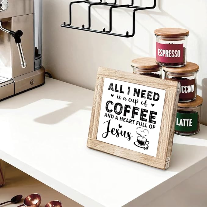 Christian Coffees Decoration Inspirational Coffees Wood Sign All I Need Is A Cup Of Coffee And A Heart Full Of Jesus Wall Decor for Kitchen Home Office Bar Christian Coffee Lover Gift 5.9x5.9 Inch