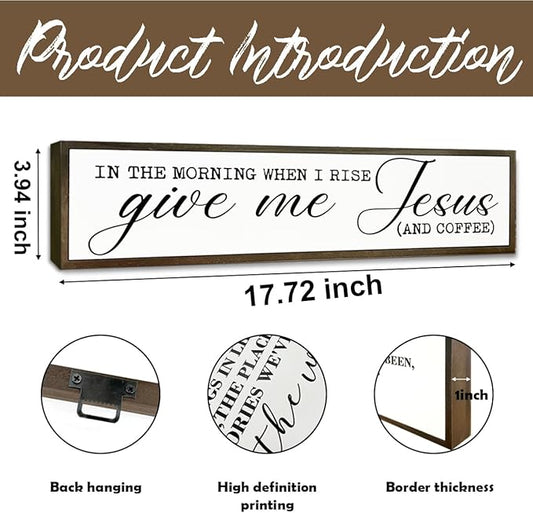 Coffee Wood Sign, Rustic Wooden Hanging Signs, Desk Decor Art, Coffees Lover Decoration for Home Kitchen Bedroom, Coffees Station Decor, When I Rise Give Me Jesus and Coffee Sign, 17.8x4x1.2 inches