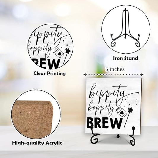 5'' Rustic Cafe Wooden Sign With Metal Stand - Bippity Boppity Brew - Wooden Plaque Tabletop Decor Gifts For Coffee Lover Friends Family Coworkers - Home Desk Kitchen Coffee Bar Decor & Supplies - B03