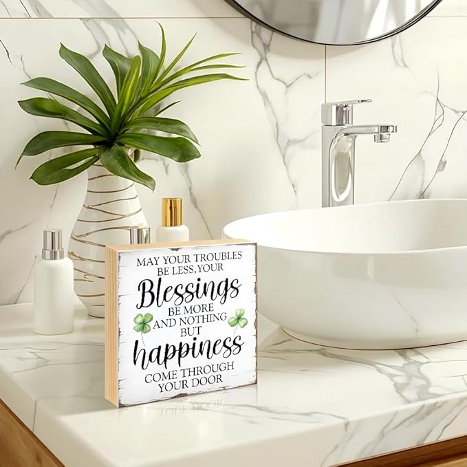 May Your Troubles Be Less And Your Blessings Be More Wood Block Plaque Box Sign for Home Living Room Coffee House Bar Shelf Table Office Decoration, Irish Blessing Decor Gifts for Family