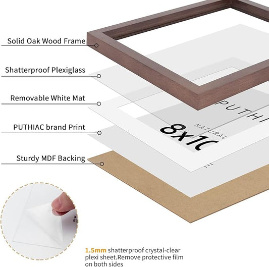 puthiac 8x10 Solid Oak Wood Picture Frame, Fits 6x8 with Mat or 8x10 Without Mat, Wall or Tabletop Display with Stand, Vertical or Horizontal, Plexi Front, 3 Pack, Walnut