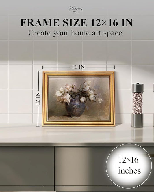 HUARCEY Gold Framed Canvas Wall Art Prints, Bathroom Vintage Decor Aesthetic, Classical Roses Floral Paintings Farmhouse Wall Decor, Retro Decoration for Bedroom Living Room, 12x16Inch