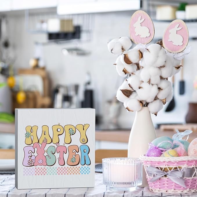 Happy Easter Sign Peeps Decorations Easter Table Decor Spring Decor Wooden Box Sign for Home Office Bedroom Living Room Desk Shelves