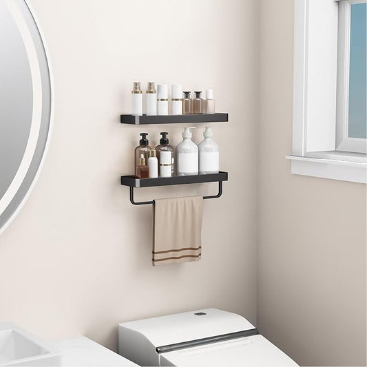 Danpoo 16-Inch Black Floating Bathroom Shelves with Towel Bar, Clear Tempered Glass Wall Shelf 2-Pack – Versatile Bathroom Organizer Set