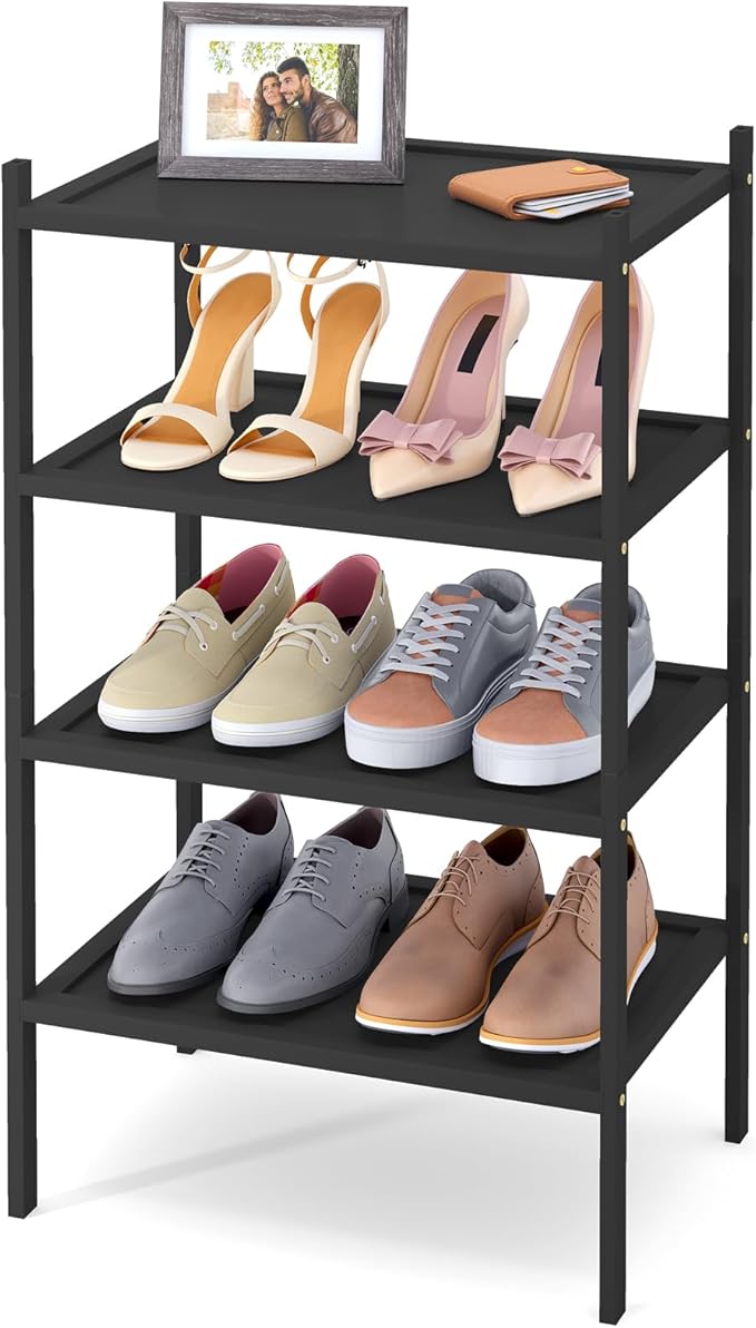Smiry Bamboo Small Shoe Rack, 4 Tier Shoe Organizer for Entryway & Closet, Stackable Free Standing Storage Shelf for Shoes, Bags & Plants, Black