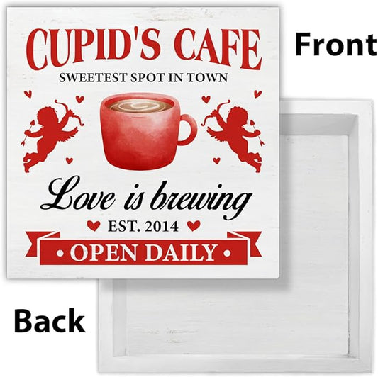 Valentines Day Gifts - Valentines Day Decor - Valentines Day Decorations for Home - Romantic Cupid's Cafe Love Is Brewing Wooden Sign Home Coffee Bar Kitchen Table Desk Shelf Decor 5×5 Inches