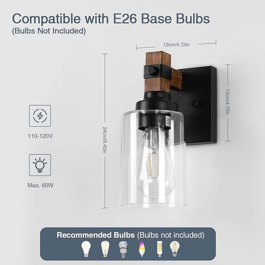 Farmhouse Wall Sconces 2-Pack, Wired Sconces Wall Lighting with Glass Shade, Decor Set of Two for Bedroom Bathroom Livingroom, Round-Wired