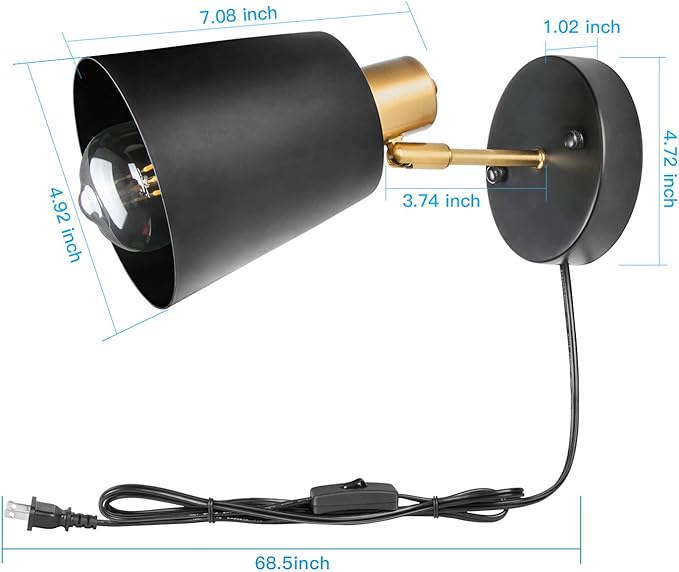 Plug in Wall Sconces, Wall Mounted Lamps with Plug in Cord Metal Vintage Industrial Wall Light Fixtures Lighting Reading Lights for Bedside Bedroom Living Room Indoor Doorway (Exclude Bulb) (2PC)