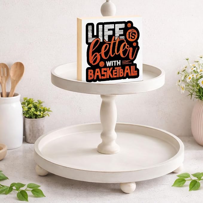 Basketball Home Decor - Gift for Basketball Lover - Double-sided Wood Box Sign for Home Kitchen Farmhouse Office Tiered Tray Desk Shelf Decor