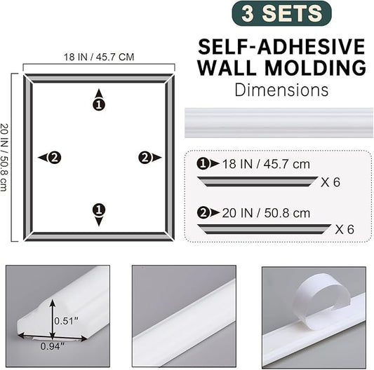 Melkus Peel and Stick Wall Molding Kit, 3 Sets 18“x20" Precut Wainscoting Panels, Self Adhesive Molding Trims for Interior Wall Décor