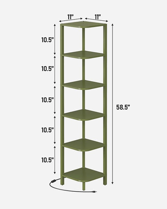 TUTOTAK Corner Shelf with LED Light, 6-Tier Corner Bookshelf for Small Space, Narrow Display Corner Shelf Stand with Storage Rack, for Living Room, Bedroom, Olive Green BS08BOG006L