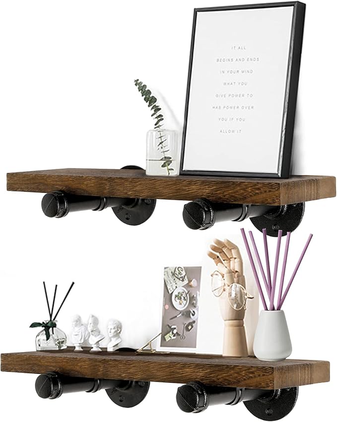 Wall Mounted Floating Shelves, Floating Shelves with Industrial Pipe Brackets Set of 4 Rustic Wood Storage Shelf for Bedroom Living Room Bathroom Kitchen Office and More (4, Brown)
