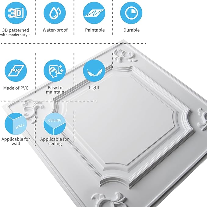 Art3d Drop Ceiling Tiles 24x24 in White (24-Pack, 96 Sq.ft), Wainscoting Panels Glue Up 2x2