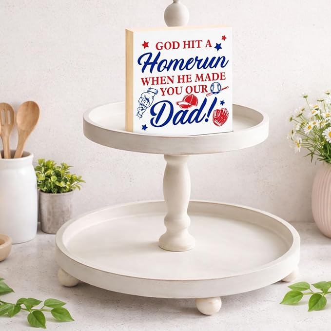 Baseball Home Decor - Gift for Dad - Baseball Wood Box Sign for Home Kitchen Farmhouse Office Tiered Tray Desk Shelf Decor