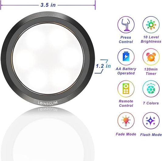 LED Puck Lights with Remote, 7 Colors Under Cabinet Lighting Wireless, Battery Operated RGB Dimmable Push Lights for Closet, Kitchen, Under Counter, Bar Display Shelf (1 Pack)