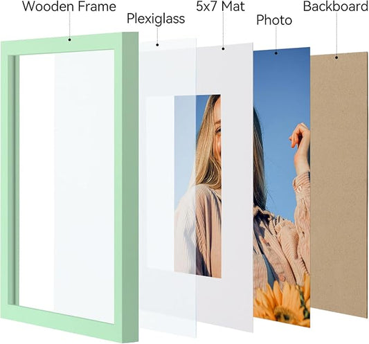 Vittanly 8x10 Picture Frames Set of 4, Display Pictures 5x7 with Mat or 8x10 without Mat, Gallery Wall Frame Set for Wall or Tabletop, Engineered Wood with Shatter Resistant Plexiglass, Light Green