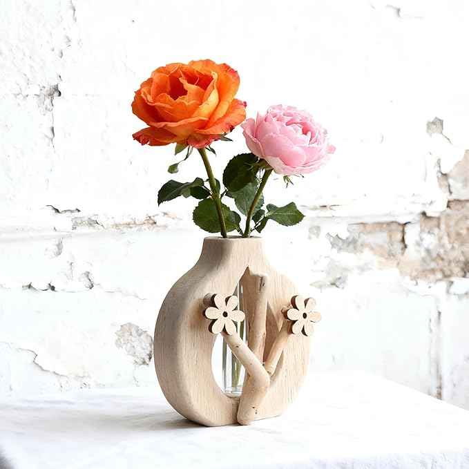 Artistic Wood Glass Vase,Wooden Base Cylindrical Flower Vase,Classic Boho Rustic Style for Fireplace Bedroom Kitchen Living Room Centerpieces Office Desk(Petite Vase)