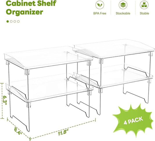 Acrylic Cabinet Organizer Shelf,4 Pcs Stackable Kitchen Counter Shelves,Spice Rack,Countertop Organizers,Clear Plastic Storage Organization for Makeup,Bathroom,Cupboard,Desk,Pantry
