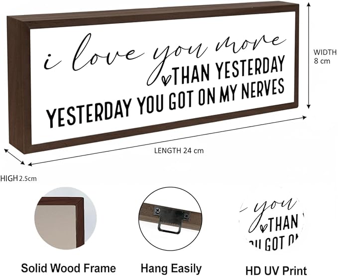 I Love You More Than Yesterday Sign, Love Wood Sign, Framed Wooden Block Signs, Farmhouse Home Decor for Shelves Counter, Romantic Bedroom Decoration, Gift for Husband Wife Boyfriend Girlfriend