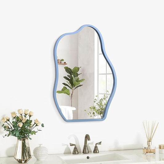 Blue Irregular Wooden Framed Wall Mirror Modern Asymmetrical Unique Hanging Mirror Artistic Unique Cloud Shape Wall Mirror Decor Bathroom Vanity Bedroom Living Room Entryway Hallway Small