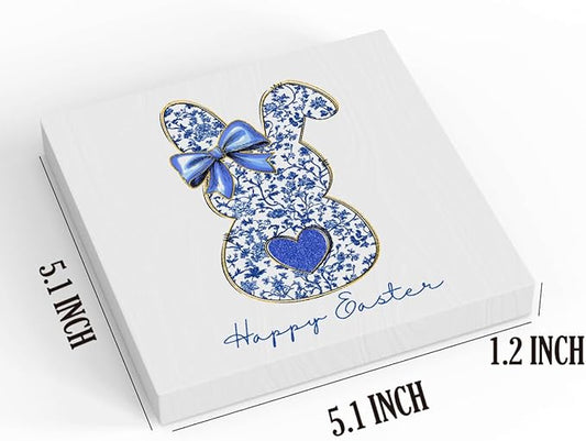 Blue Happy Easter Sign Easter Table Decor Bow Bunny Decor Blue And White Chinoiserie Decor Wooden Box Sign for Home Office Bedroom Living Room Desk Shelves