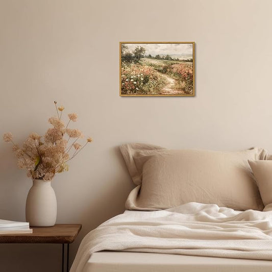 OIQArtOIQ Framed Canvas Wall Art,Vintage Decor,Landscape Nature Country Wildflower Paintings Farmhouse Pictures Modern Artwork Rustic Fall Flower Prints Cottagecore Office Living Room Bedroom Bathroom