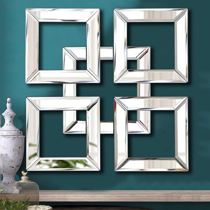 Silver Mirrored Wall Decor 16x16” Decorative Mirror Modern Fashion DIY Wall-Mounted Mirrors Square Design Gorgeous, Glam, Accent, Vintage, Chic Mirror for Room and Home Decor