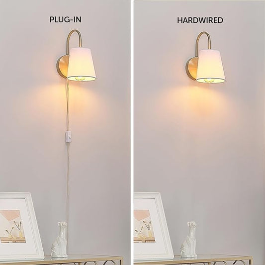 Globe Electric 65000053 1-Light Hardwire or Plug-in Wall Sconce, Matte Brass, White Textured Shade, Arched Arm, Lighting, Home Decor, Lights for Bedroom Plug in